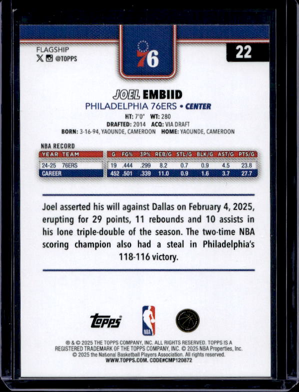 2025-26 Topps #22 Joel Embiid Holo Foil