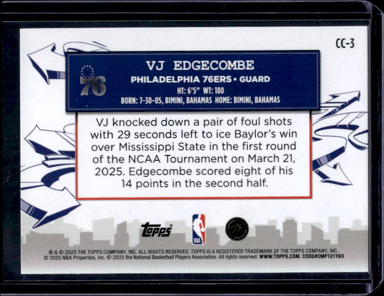 2025-26 Topps #CC-3 VJ Edgecombe Clutch City Prospects
