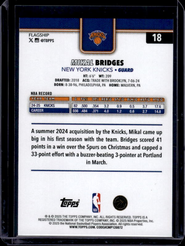 2025-26 Topps #18 Mikal Bridges Holo Foil