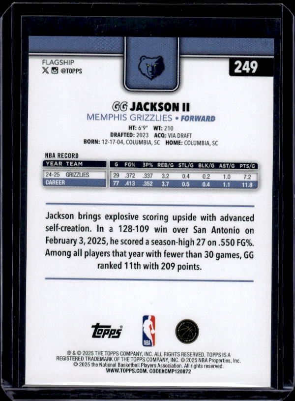 2025-26 Topps #249 GG Jackson II Crackleboard Gold #/50