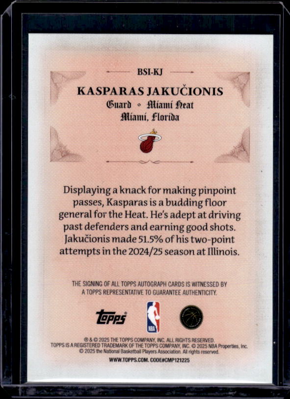 2025-26 Topps #BSI-KJ Kasparas Jakučionis Signed and Sealed