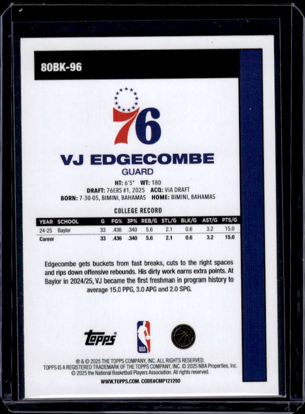 2025-26 Topps #80BK-96 VJ Edgecombe 1980-81 Topps Basketball
