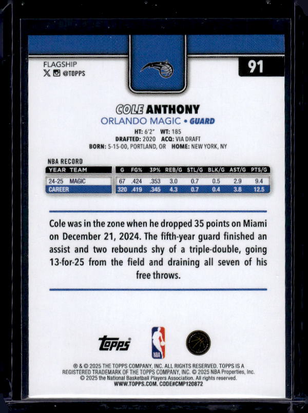 2025-26 Topps #91 Cole Anthony Holo Foil