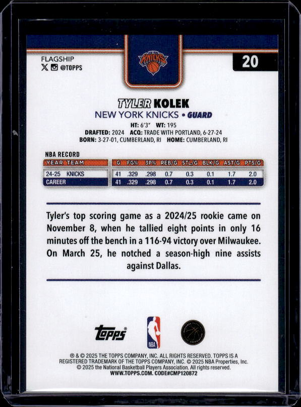 2025-26 Topps #20 Tyler Kolek Holo Foil