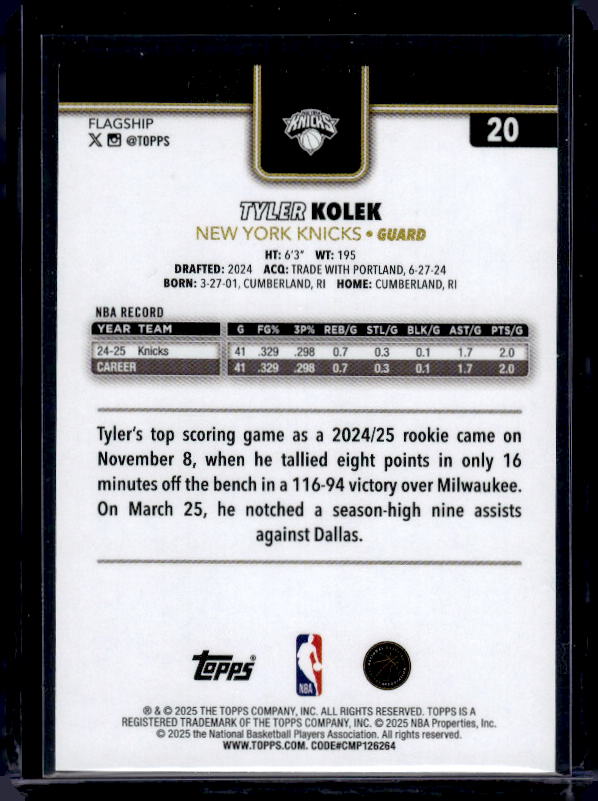 2025-26 Topps #20 Tyler Kolek Blackout
