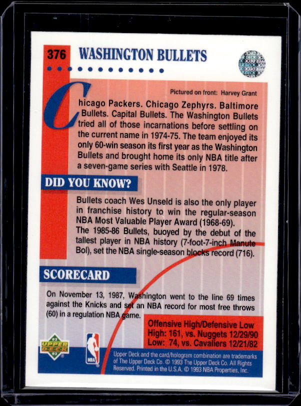 1992-93 Upper Deck #376 Washington Bullets
