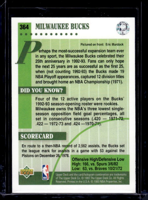 1992-93 Upper Deck #364 Milwaukee Bucks