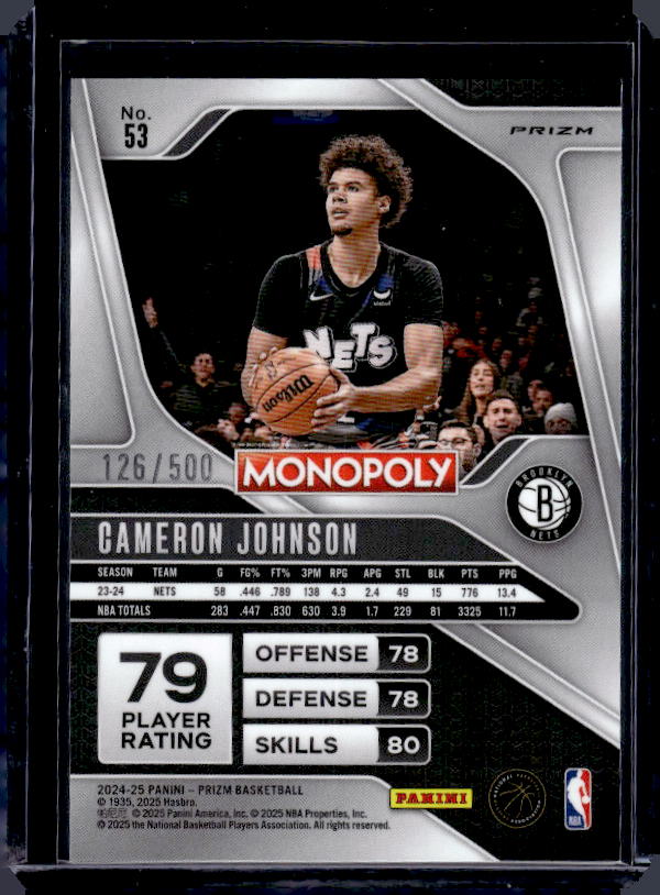 2024-25 Panini Prizm Monopoly #53 Cameron Johnson Gold Millionaire Shimmer /500