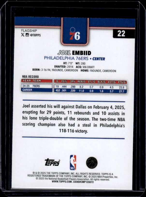 2025-26 Topps #22 Joel Embiid Gold #/2025