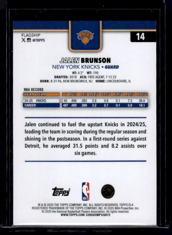 2025-26 Topps #14 Jalen Brunson Rainbow Foilboard