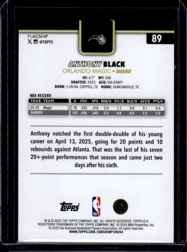 2025-26 Topps #89 Anthony Black Blackout