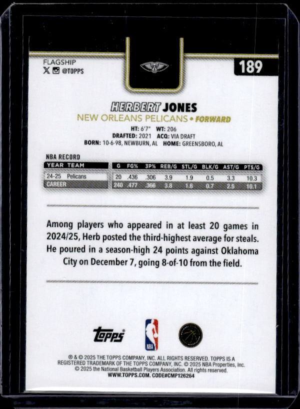 2025-26 Topps #189 Herbert Jones Blackout