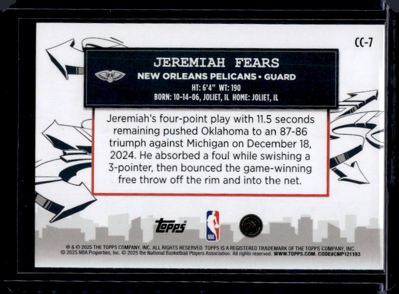 2025-26 Topps #CC-7 Jeremiah Fears Clutch City Prospects