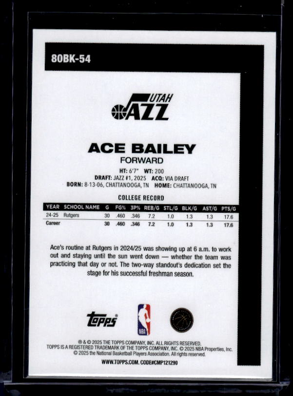 2025-26 Topps #80BK-54 Ace Bailey 1980-81 Topps Basketball