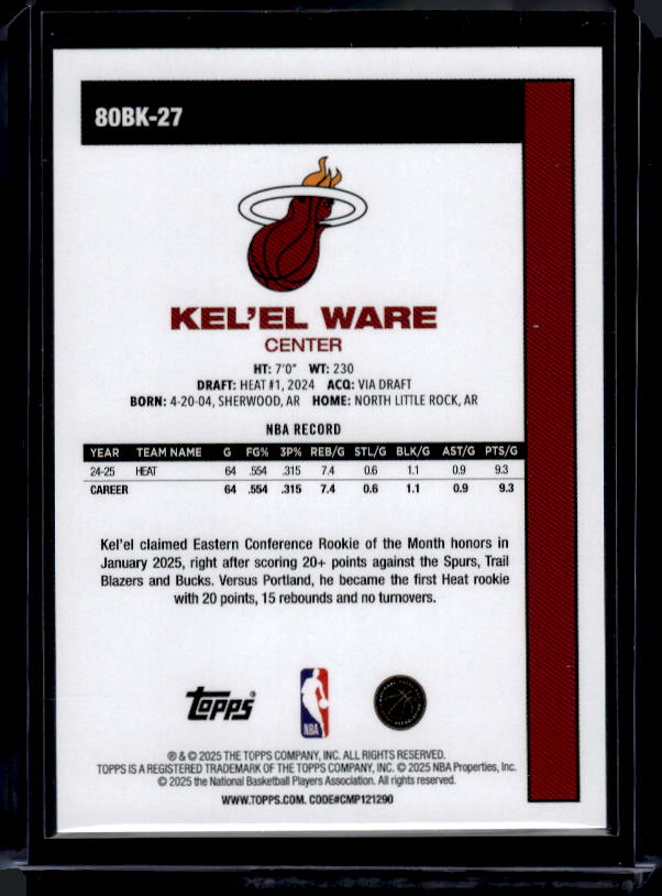 2025-26 Topps #80BK-27 Kel'el Ware 1980-81 Topps Basketball
