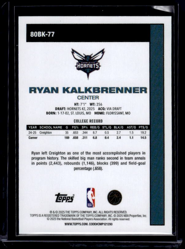 2025-26 Topps #80BK-77 Ryan Kalkbrenner 1980-81 Topps Basketball