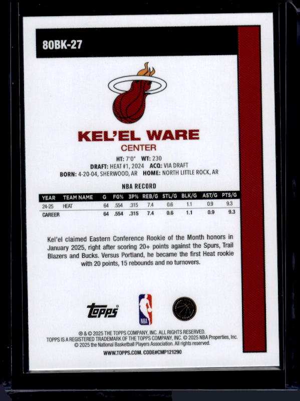 2025-26 Topps #80BK-27 Kel'el Ware 1980-81 Topps Basketball