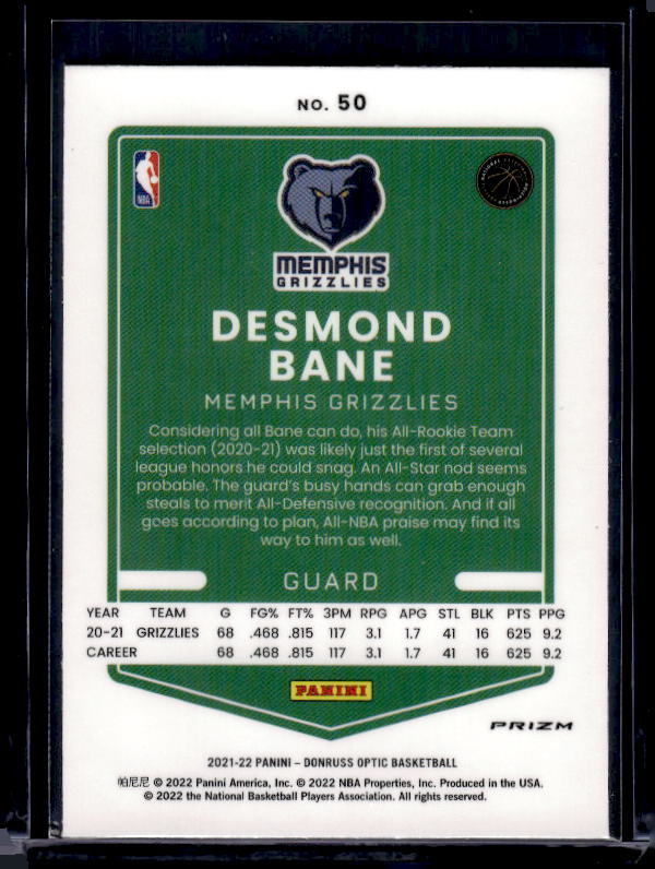 2021-22 Donruss Optic #50 Desmond Bane Blue Velocity