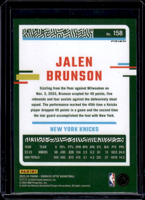 2023-24 Donruss Optic #158 Jalen Brunson Hyper Pink