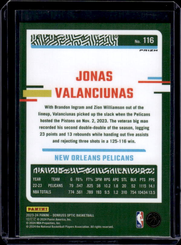 2023-24 Donruss Optic #116 Jonas Valanciunas Hyper Pink