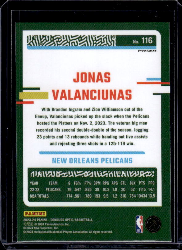 2023-24 Donruss Optic #116 Jonas Valanciunas Hyper Pink