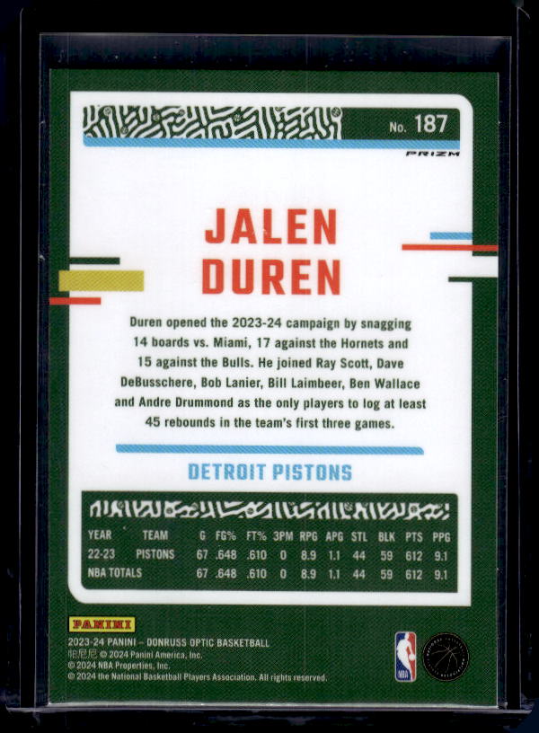 2023-24 Donruss Optic #187 Jalen Duren Hyper Pink
