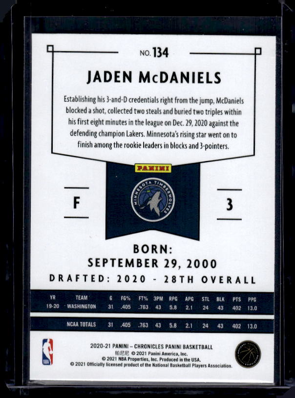 2020-21 Panini Chronicles #134 Jaden McDaniels