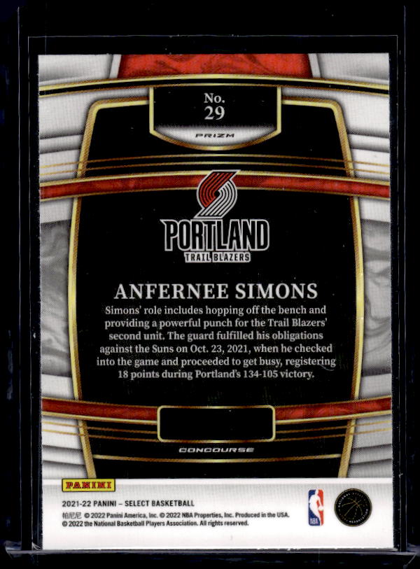 2021-22 Panini Select #29 Anfernee Simons Blue Shimmer Prizms