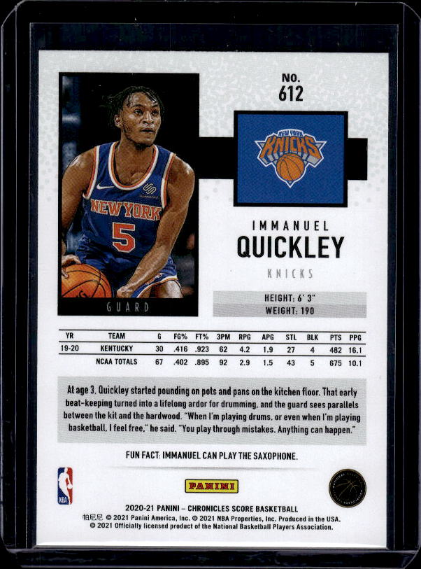 2020-21 Panini Chronicles #612 Immanuel Quickley