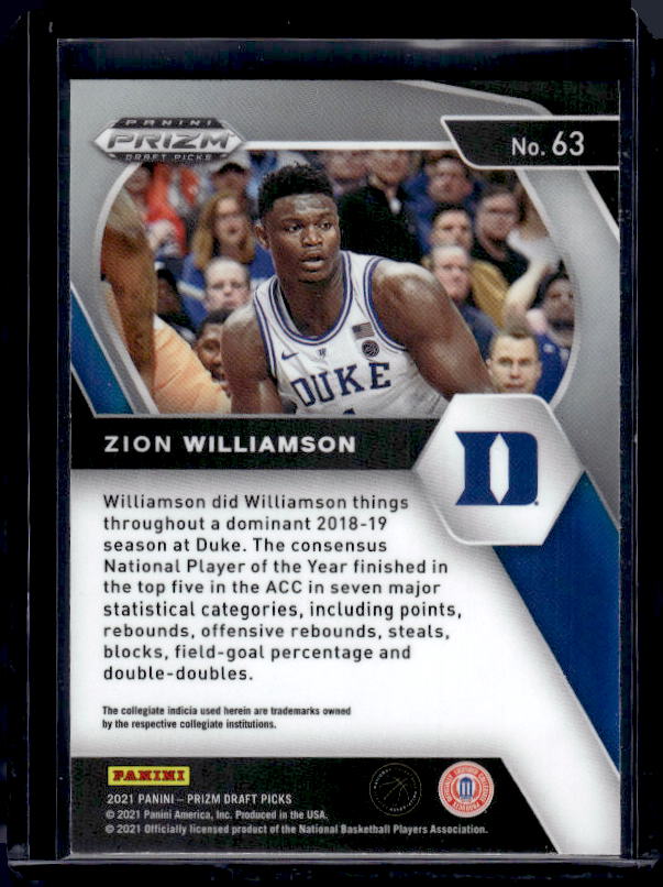 2021 Panini Prizm Draft Picks #63 Zion Williamson