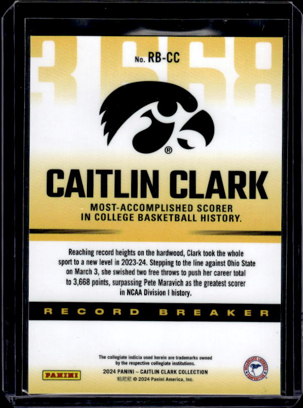 2024 Panini Caitlin Clark Collection #RB-CC Caitlin Clark Record Breaker