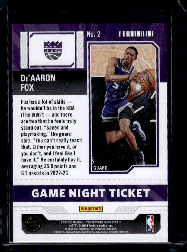 2023-24 Panini Contenders #2 De'Aaron Fox Game Night Ticket