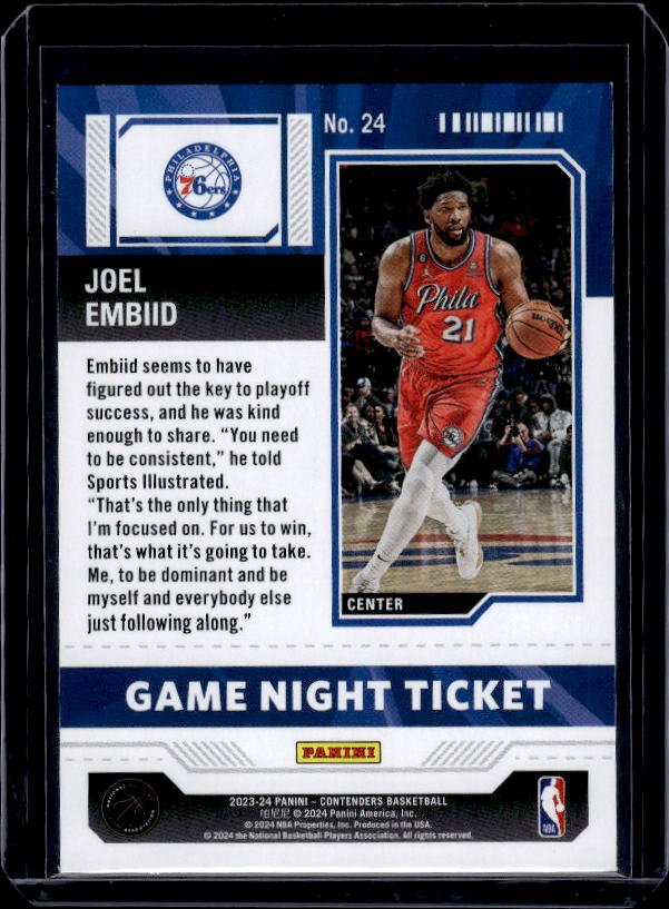 2023-24 Panini Contenders #24 Joel Embiid Game Night Ticket