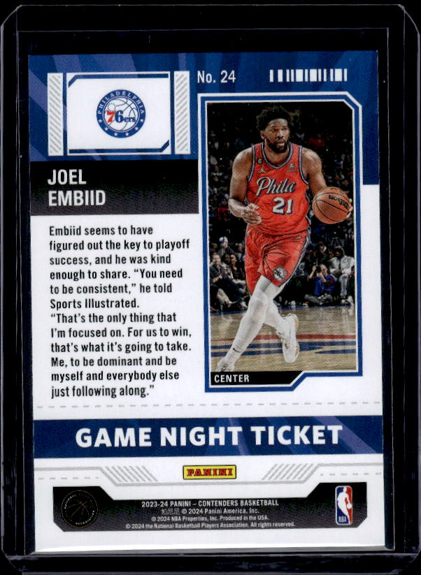 2023-24 Panini Contenders #24 Joel Embiid Game Night Ticket