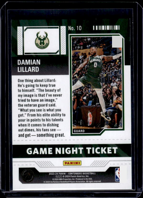 2023-24 Panini Contenders #10 Damian Lillard Game Night Ticket