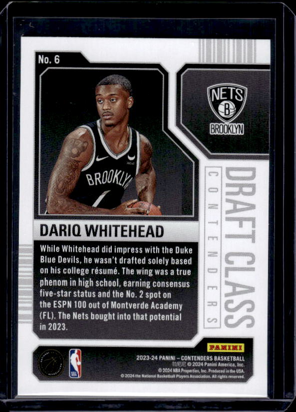 2023-24 Panini Contenders #6 Dariq Whitehead 2023 Draft Class Contenders