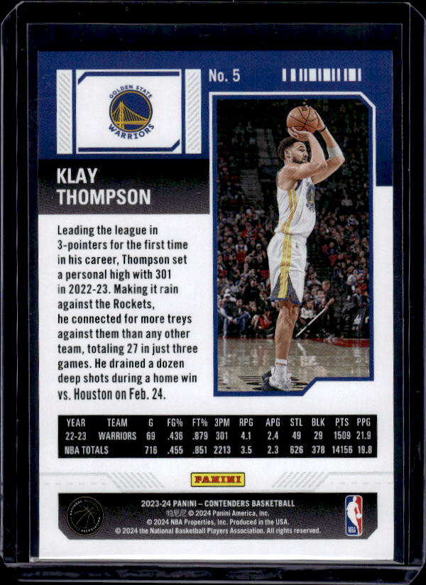 2023-24 Panini Contenders #5 Klay Thompson Game Ticket Bronze