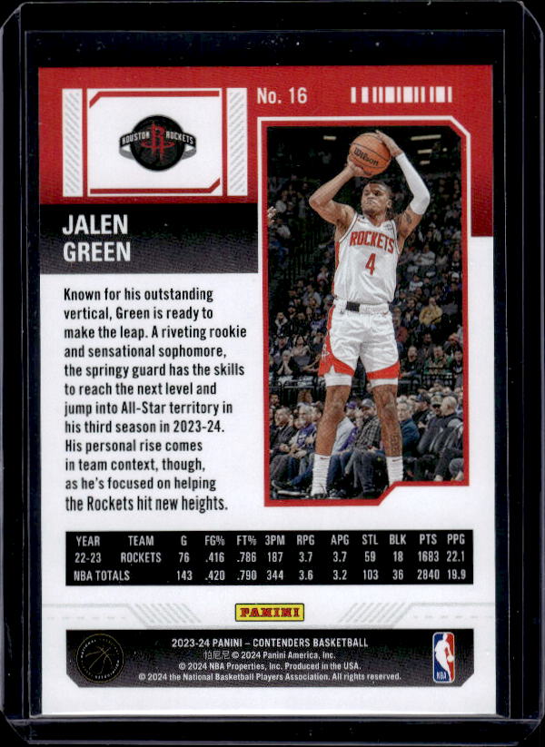 2023-24 Panini Contenders #16 Jalen Green Game Ticket Bronze