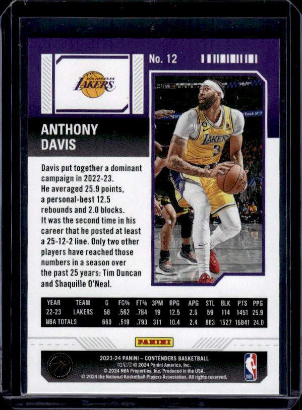 2023-24 Panini Contenders #12 Anthony Davis Game Ticket Bronze