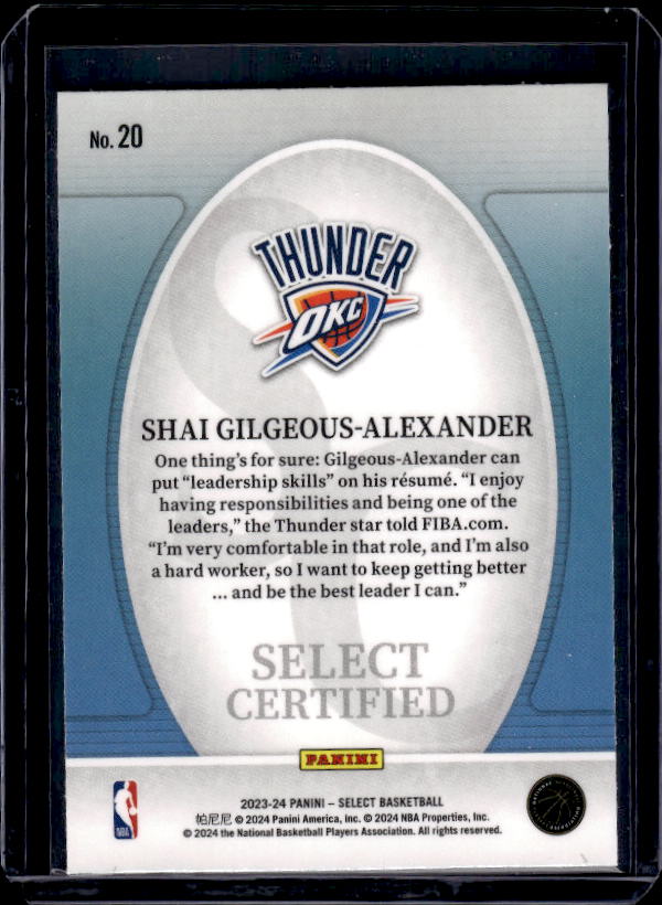 2023-24 Panini Select #20 Shai Gilgeous-Alexander Select Certified