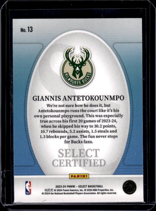 2023-24 Panini Select #13 Giannis Antetokounmpo Select Certified Silver Prizms