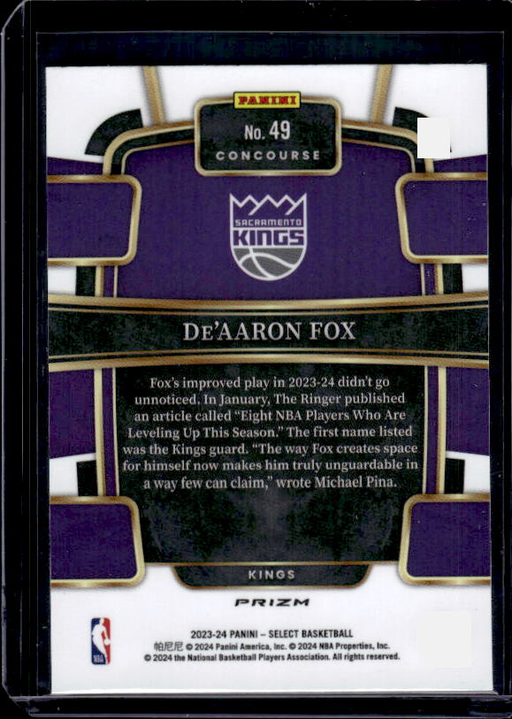 2023-24 Panini Select #49 De'Aaron Fox Orange Flash Prizms