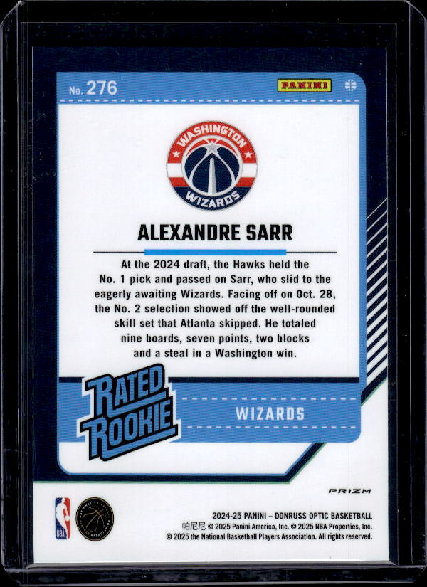 2024-25 Donruss Optic #276 Alexandre Sarr Blue Velocity