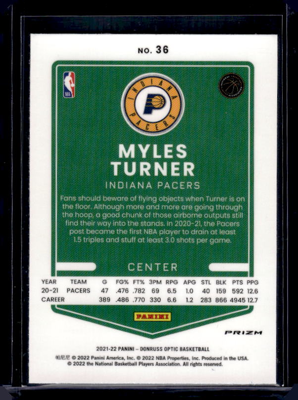 2021-22 Donruss Optic #36 Myles Turner Blue Velocity