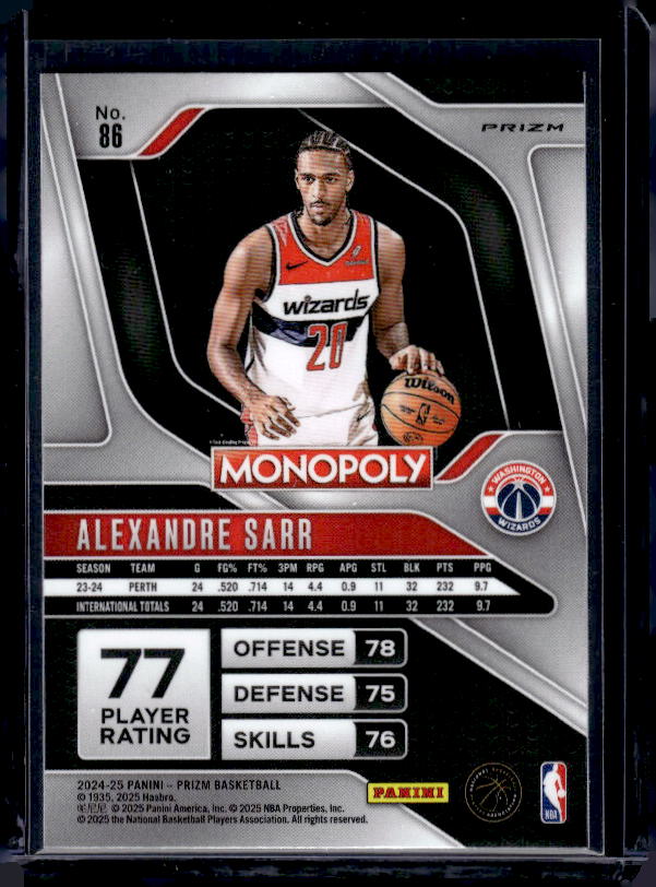 2024-25 Panini Prizm Monopoly #86 Alexandre Sarr Red Prizms