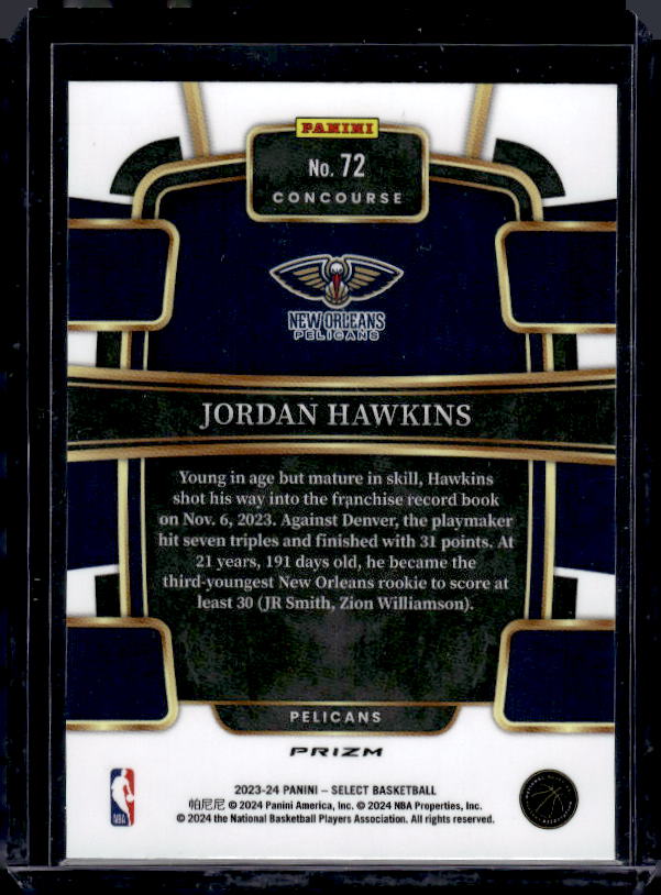 2023-24 Panini Select #72 Jordan Hawkins Green White Purple Prizms