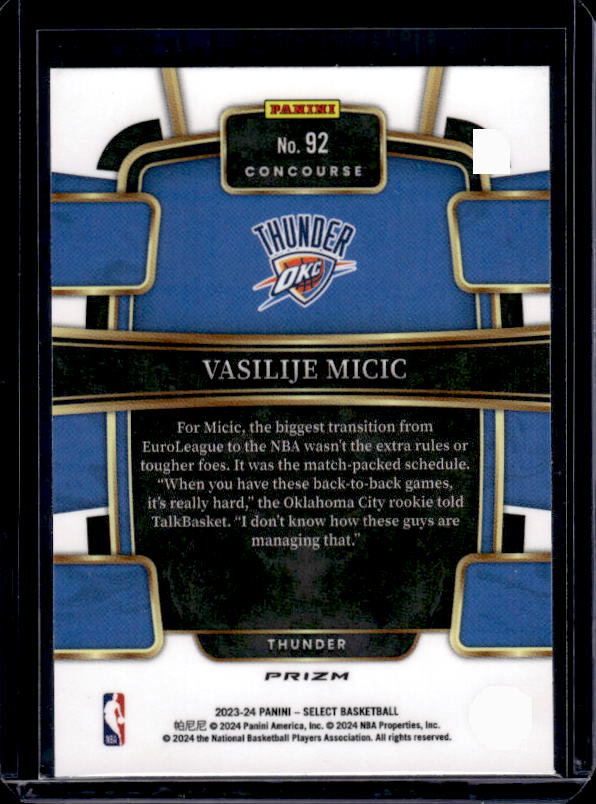 2023-24 Panini Select #92 Vasilije Micic Blue Prizms