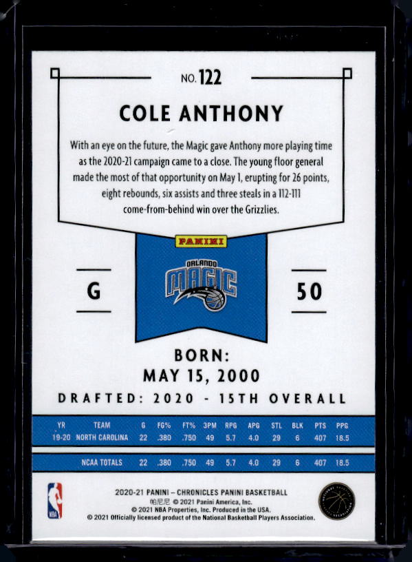 2020-21 Panini Chronicles #122 Cole Anthony
