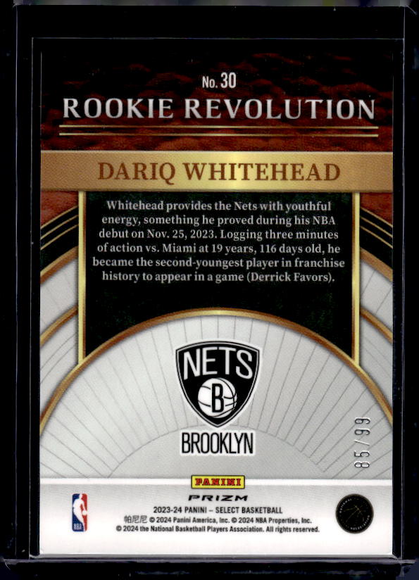 2023-24 Panini Select #30 Dariq Whitehead Rookie Rev Red Flash Prizms #/99