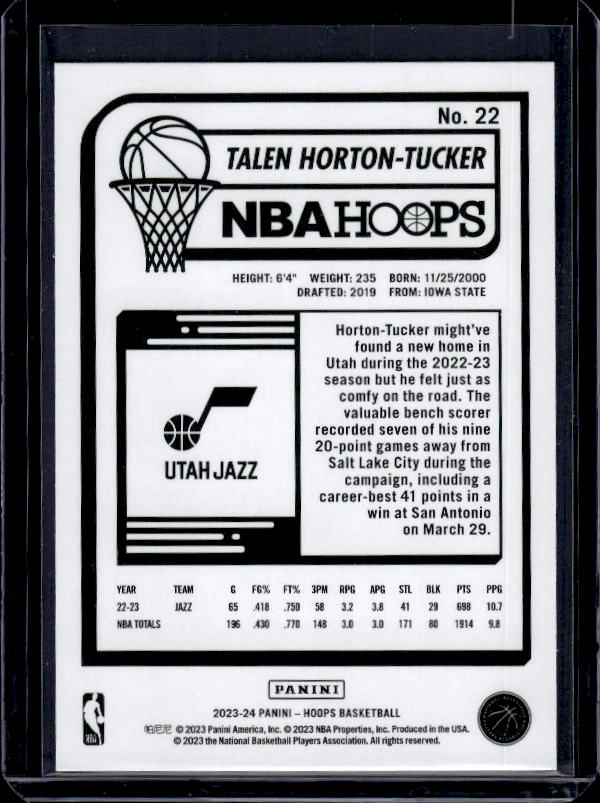 2023-24 Hoops #22 Talen Horton-Tucker Purple